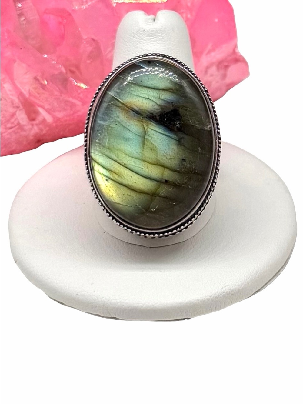 Labradorite Ring Size 9.5 925 Sterling Silver Overlay Oval Stone Crystal